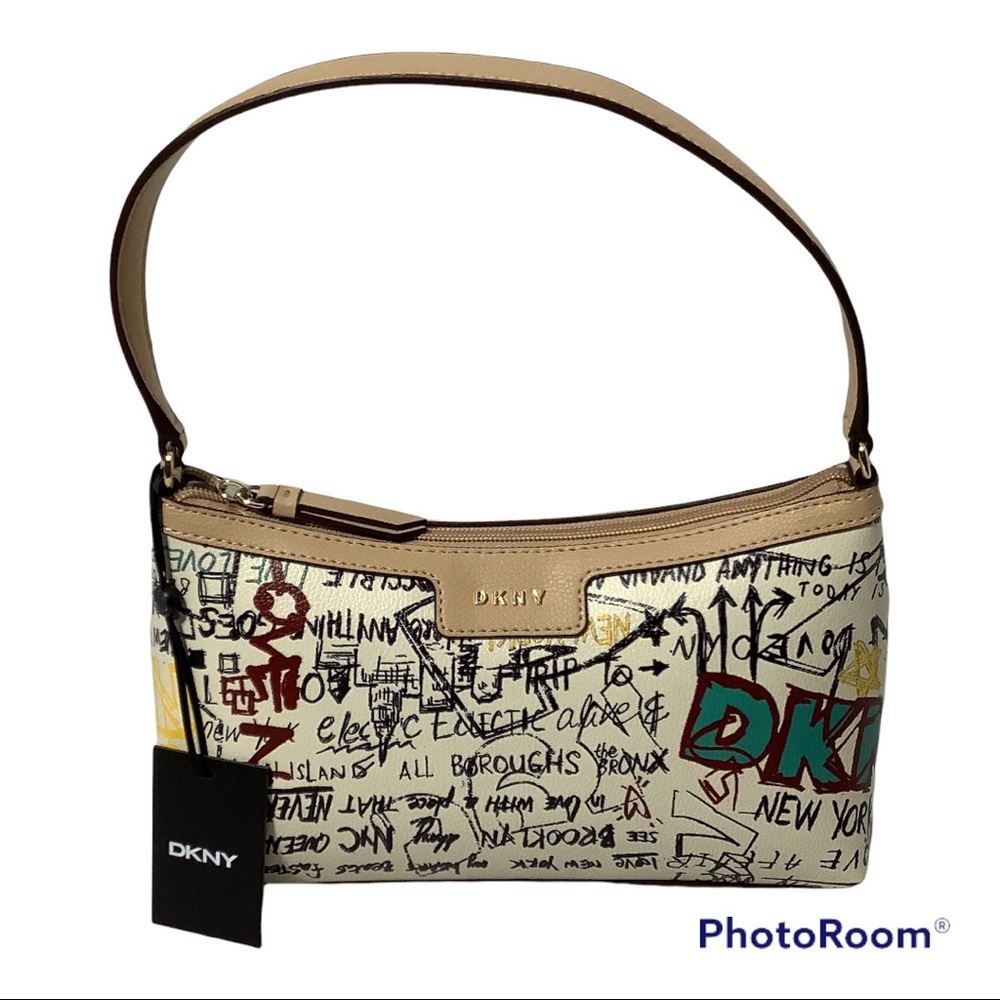 DKNY Graffiti Print Purse Shoulder Bag Carlitos Ew Baguette Tan